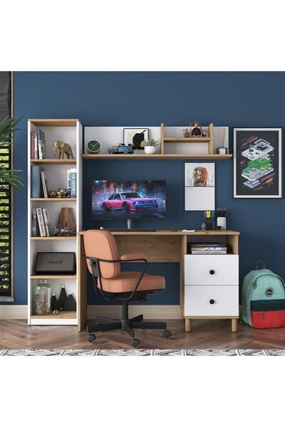 Rani Mobilya Rani Ha115 Çekmeceli Kitaplıklı Çalışma Ofis Bilgisayar Masası Sepet Ceviz - Beyaz