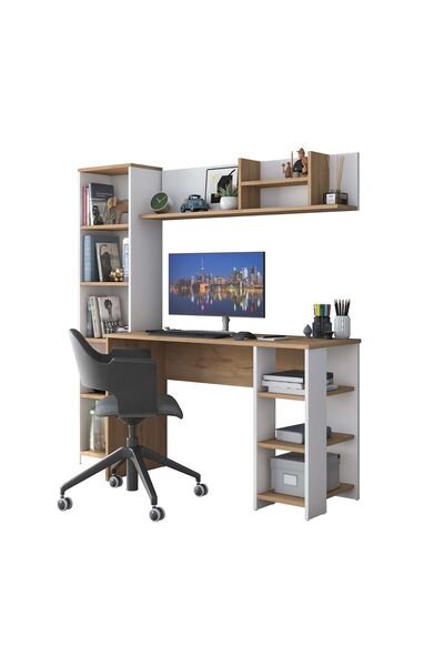 Rani Mobilya Rani HA125 Kitaplıklı Raflı Çalışma Ofis Bilgisayar Masası Sepet Ceviz - Beyaz