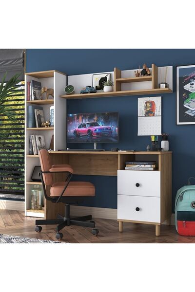 Rani Mobilya Rani Ha115 Çekmeceli Kitaplıklı Çalışma Ofis Bilgisayar Masası Sepet Ceviz - Beyaz