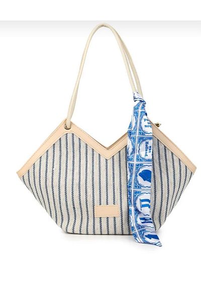 Mercan Women's Linen Shoulder Strap Bag - Cream Color, Zipper and Scarf Detail