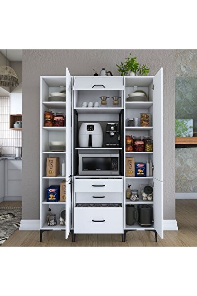 Rani Mobilya Rani JE145 Çok Amaçlı Dolap 5 Kapaklı 3 Çekmeceli Kiler Mutfak Dolabı Beyaz