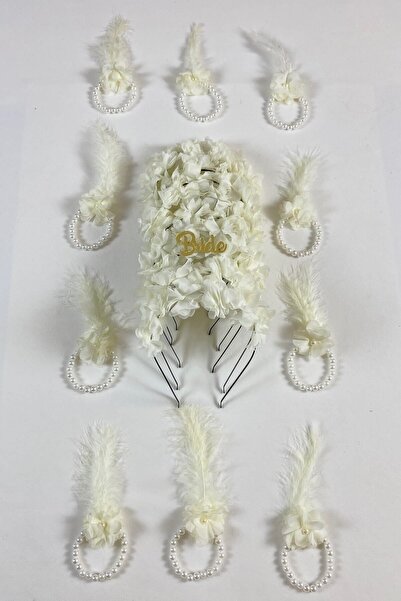 ZEYMERADE Krem Nedime Bilekliği 5 Adet, Nedime Tacı(METAL) 5 Adet, Bride To Be, Kına Gecesi, 11 Parça Set