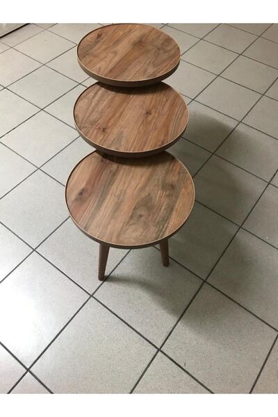 damila 3'lü Zigon Sehpa Ceviz 18mm Kalınlığında 1.sınıf Mdf Tabla 37cm Çapında Kullanıma Hazır Montajlı.