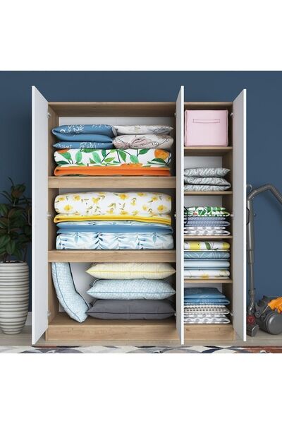 Rani Mobilya Rani Ba105 Yüklük 3 Kapaklı 8 Raflı Yatak Yorgan Yastık Saklama Dolabı Sepet Ceviz - Beyaz