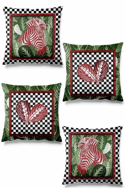 Pilloveland Set de 4 huse de pernă cu model Checkers - imprimate pe două fețe, din piele intoarsa