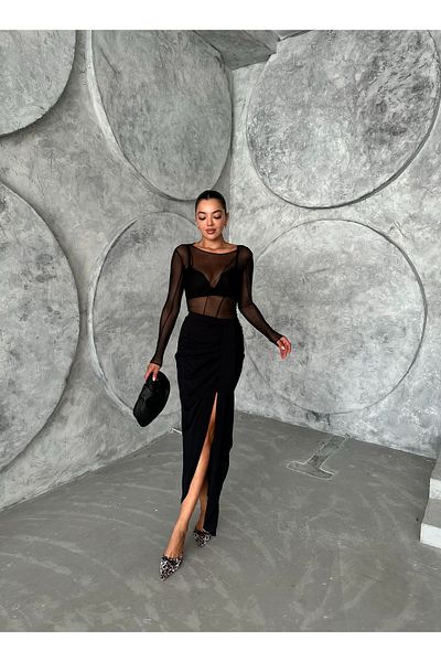 Laluvia Front Gathered Black Midi Skirt
