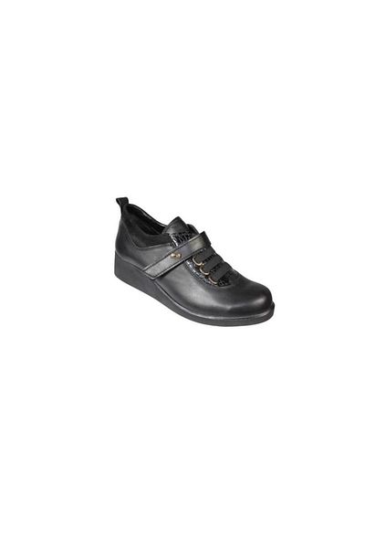 Polaris Polaris Black Genuine Leather 5 Point Velcro 5cm Wedge Heeled Women's Shoes