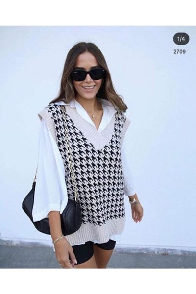 HEPMODA Women's White Houndstooth Sweater
