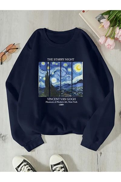 CAST COLLECTİON Unisex Navy Blue Space and Cloud Printed Crew Neck Sweatshirt