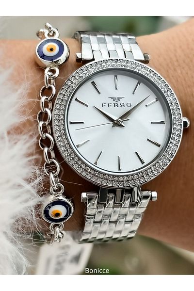 FERRO Women's Silver Colored Waterproof Steel Cord Wrist Watch and Bracelet
