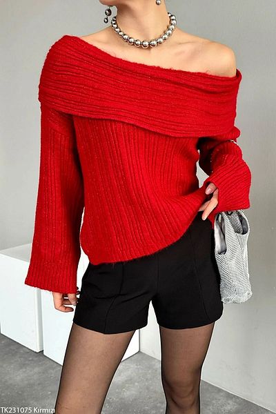 KNİTİCAL TEKSTİL Knitical Textile Off-the-Shoulder Folded Seasonal Sweater