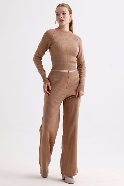 MD trend Women's Crop Sweater and Trousers Double Crew Neck Knitwear Set