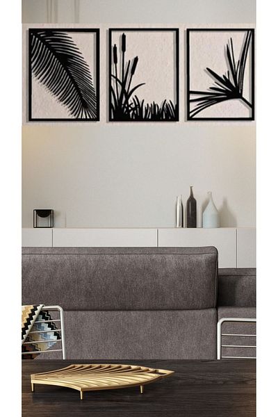 Numa Concept ديكور حائط MDF - لوحة أوراق وقصب 3 قطع، قطع ليزر، 30x24 سم