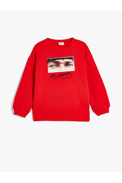 Koton Ataturk Signed Sequined Long Sleeve Sweatshirt