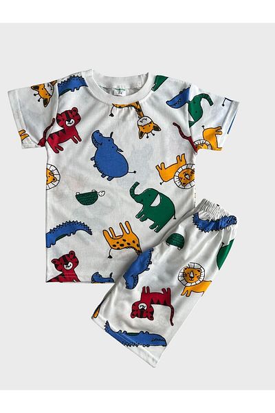 Fil Kids Set de pijamale cu mânecă scurtă pentru băiat, din bumbac, alb, cu modele de animale Safari