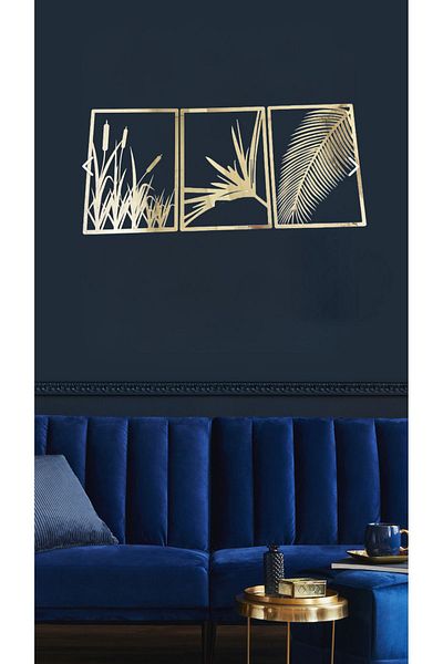 Numa Concept Pictură din 3 piese pe MDF - Frunză și stuf, Decor de perete din plexiglas argintiu, 35x25 Cm