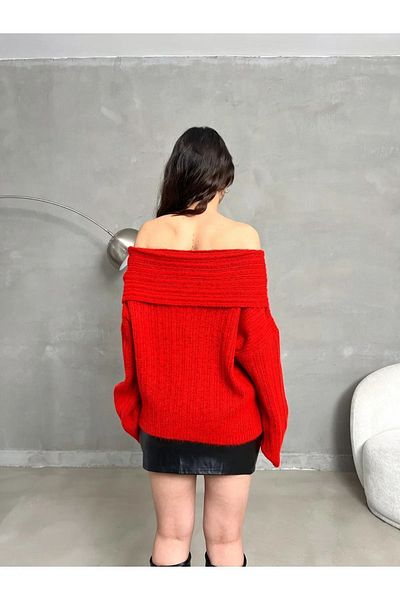 MLS Butik Pulover din tricot cu nervuri cu guler Madonna, roșu