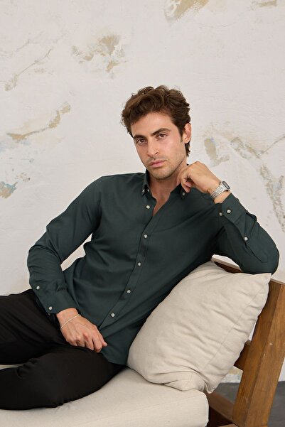 RAVANELLI قميص رجالي بقصة ضيقة - قطن، سروال قصير، ياقة بأزرار