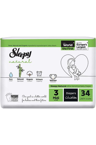Sleepy Natural Size 3 | 34 Count | 4-9Kg Diapers | Organic Cotton | Bamboo | 100% Dry