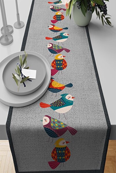 Viva Home 40x140cm Premium Tay Tüyü Dokuma Leke Tutmaz Kumaş Masa Örtüsü Runner Otantik Kuşlu Rnr209