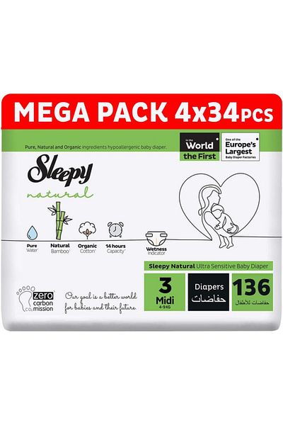 Sleepy Natural Size 3 | 136 Count | 4-9Kg Diapers | Organic Cotton | Bamboo | 100% Dry