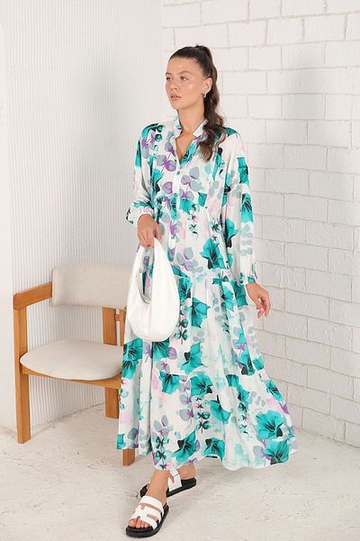 Melike Tatar Viscose Patterned Green-White Dress - 3-3119