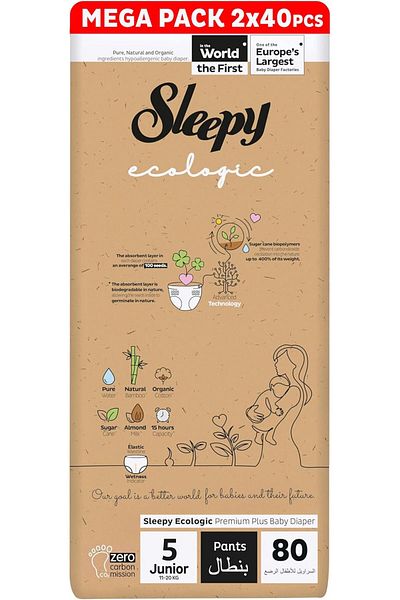 Sleepy Ecologic Pants Size 5 | 2x40 Count | Eco-Friendly | Hypoallergenic | Absorbent | All-Natural