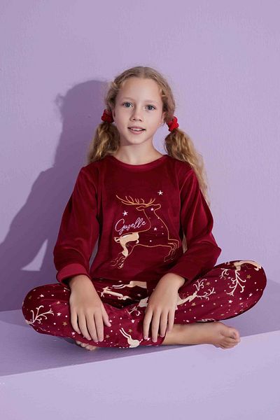 Tarık French Velvet Winter Pajamas Set - Deer Print, Long Sleeve, Warm 277