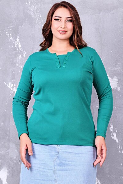 Siyezen Plus Size Double Button Detailed Cotton Lycra Basic Blouse