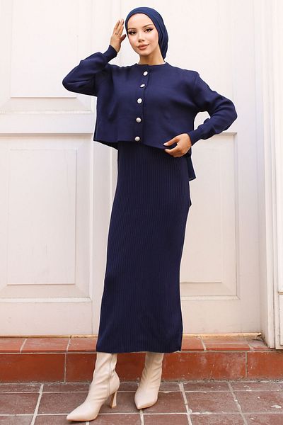benguen Navy Blue 3064 Button Detailed Gilet Knitwear Set