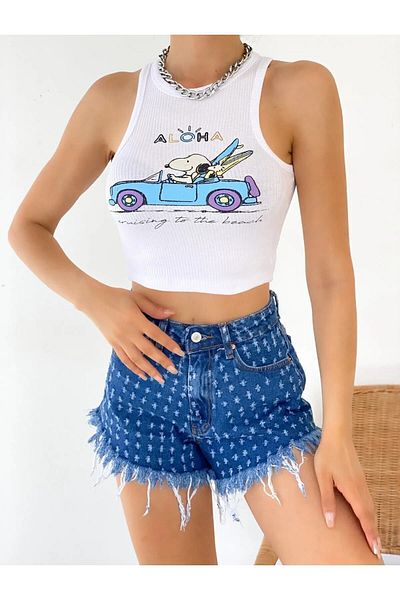 Arzulica Crop Top cu imprimeu Aloha alb