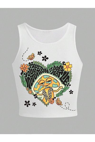 Arzulica Λευκό Crop Top με στάμπα με μανιτάρια