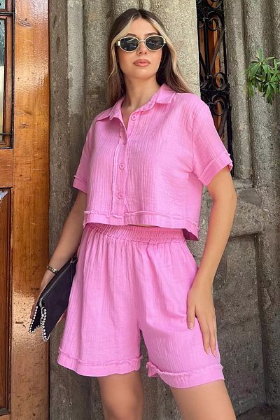 GÜLSELİ Pink Women's Shirt and Shorts Set
