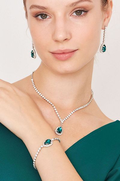 Furtek Aksesuar Women's Zafiros Model Green Zircon Stone Diamond Silver Waterway Necklace Earring Bracelet Combination Jewelry Set