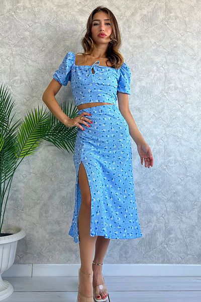 GÜLSELİ Women's Double Set - Blue Patterned Blouse and Skirt