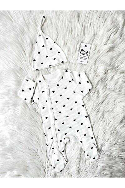 Linda Harris Heart Pattern Ecru-Black Baby Romper with Hat