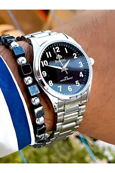 Bentini Thin Case Steel Men's Wrist Watch - 2 Years Warranty, Night Vision Bracelet Gift