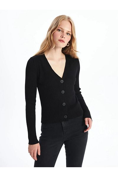 LC Waikiki Lcw Vision - New Black V-Neck Long Sleeve Knitwear Women's Cardigan
