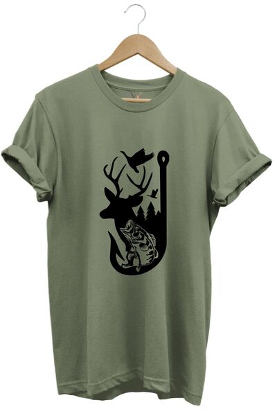WİDİ Μπλουζάκι Hunting Hunter Outdoor Deer Fish Cullery με στάμπα 100% βαμβακερό κανονική εφαρμογή χακί