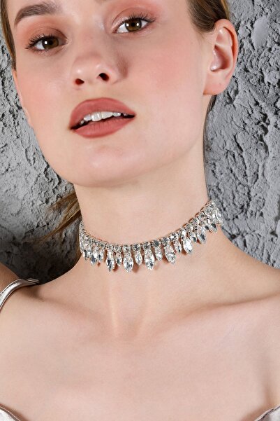 Furtek Aksesuar Kadın Büyük Küçük Badem Zirkon Taşlı Model Gümüş Pırlanta Abiye Düğün Nişan Gelin Kolye Tasma Choker