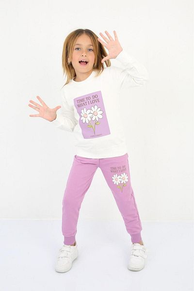 TRENDİMİZBİR Girl's Time to Do Flower Printed Double Set Lilac