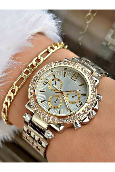 Tisaati ساعة يد نسائية بتصميم فاخر بسوار معدني مرصع بالأحجار من سلسلة خاصة - ...