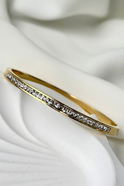 MODA Caprea Çelik Taşlı Ince Kadın Kelepçe Altın Renkli Kararmaz 17 Cm Çevresi Kadın Bileklik Zklp