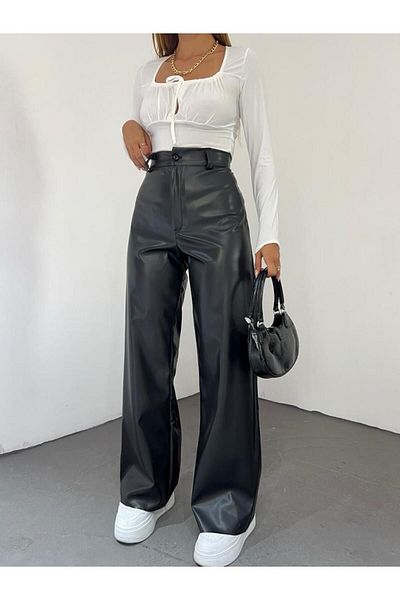 LB Laluna Butik Pantaloni Palazzo largi din piele cu talie înaltă de damă