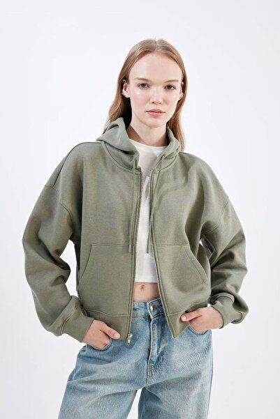 DeFacto Φωτεινό Χακί Χρώμα - Φούτερ Coool με κουκούλα και φερμουάρ, Standard Fit