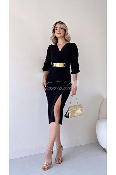 GDS BUTİK Mirrored Belt Pleated Sleeve Midi Length Slit Detail Dress