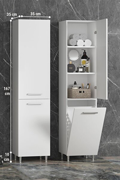 ÖZCEDEN 35*167 cm Beyaz MDF Sepetli Ayaklı Banyo Boy Dolabı