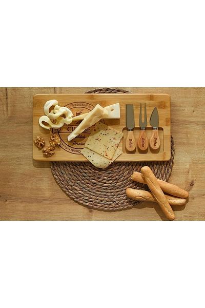 BALSA Special Bamboo 3 Knives Decorative Cheese Presentation Board Breakfast Set