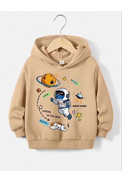 Renna Mood Beige Astronaut Planets Printed Girl/Boy Hooded Sweatshirt