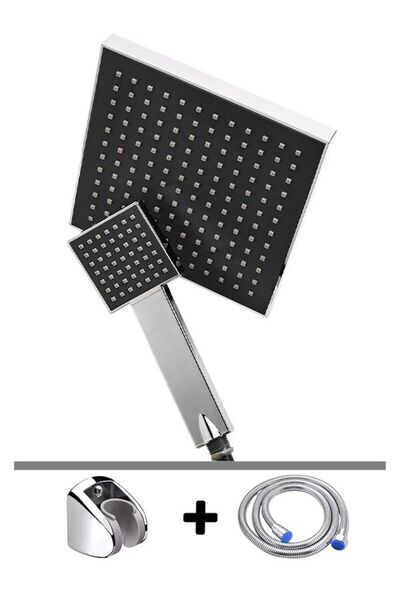 YUEN Duş Başlığı Seti  Kare Tasarım Tepe ve El Duş Başlı Hortum Tutacak ile B...